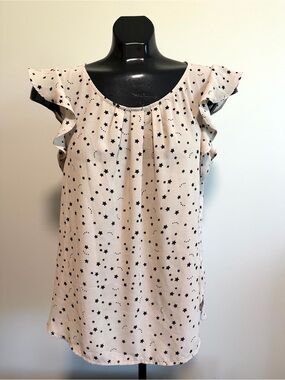 Suzy Shier Cap-Sleeve Blouse with Black Star Print, Size M